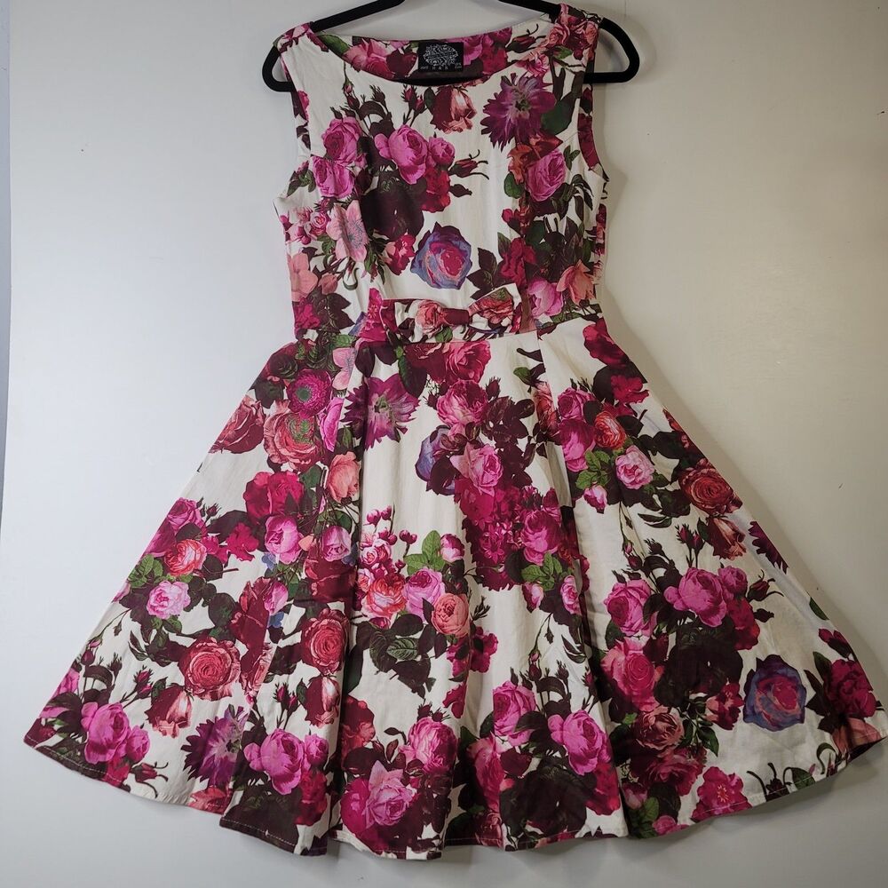 Hearts & Roses London Dress US 12 Pink Floral Fit & Flare Bow Retro